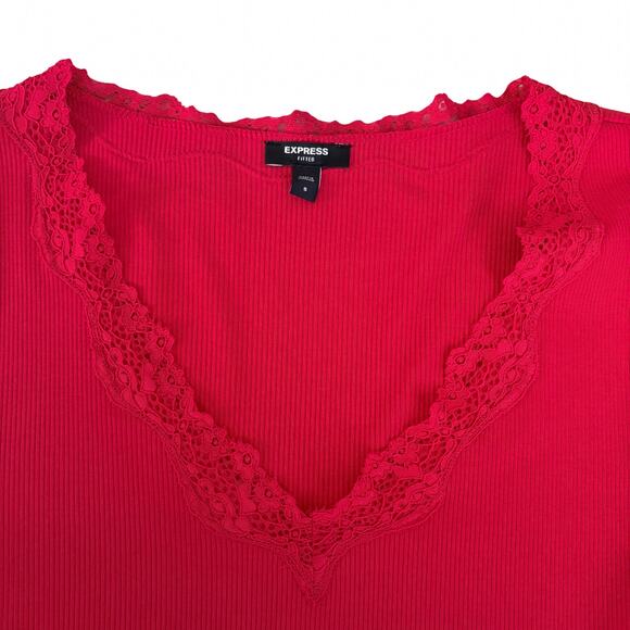 Express Fitted Lace Trim Top S Red Y2K Style Baby Tee Romantic Holiday Ribbed - Picture 3 of 5